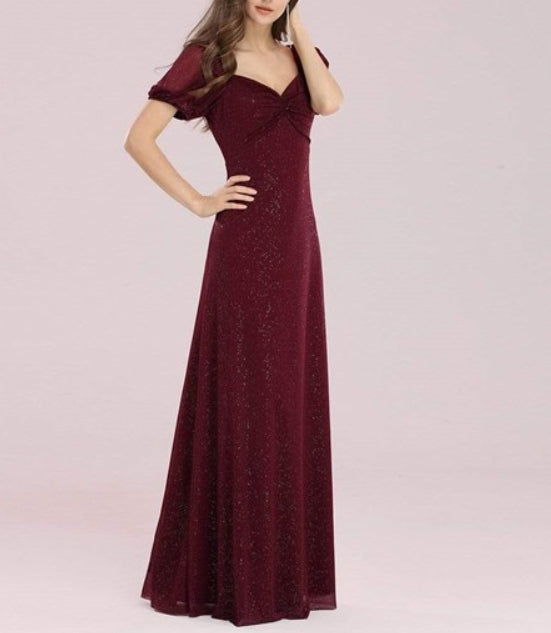 Burgundy Sweetheart Pleated Short Sleeves Prom Dress