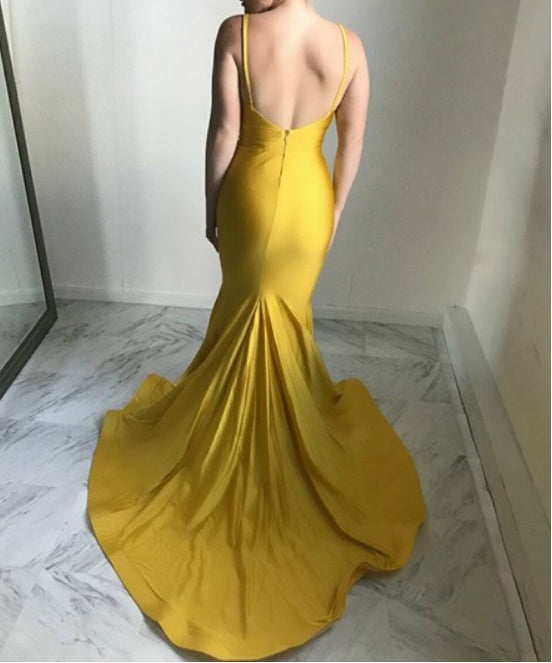 Yellow V-Neck Spaghetti Strap Ruched Mermaid Backless Long Prom Dresses