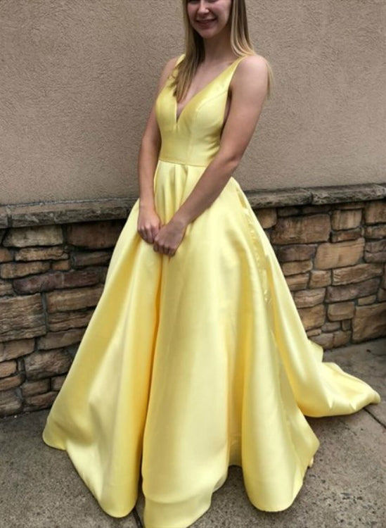 Yellow V Neck Sleeveless Satin Side Cut Out Backless Long Prom Dresses