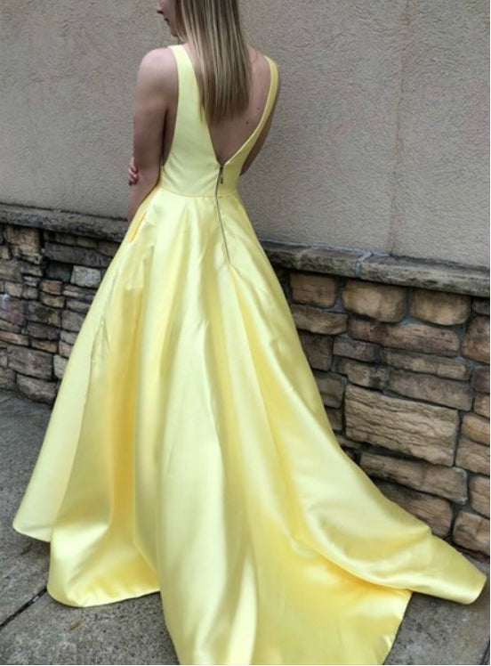 Yellow V Neck Sleeveless Satin Side Cut Out Backless Long Prom Dresses