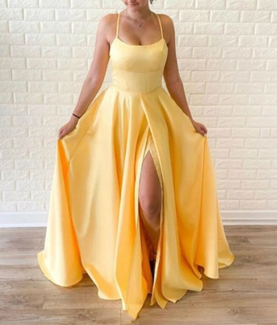 Yellow Spaghetti Strap Split Front Long Prom Dresses With Back Cut Out