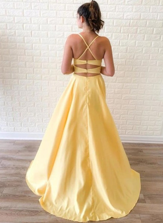 Yellow Spaghetti Strap Split Front Long Prom Dresses With Back Cut Out