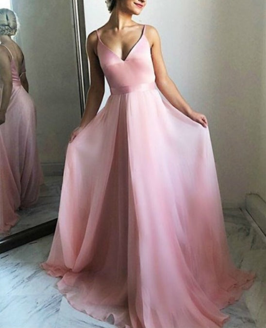 Pink Chiffon V-Neck Spaghetti Strap Backless Long Prom Formal Dresses