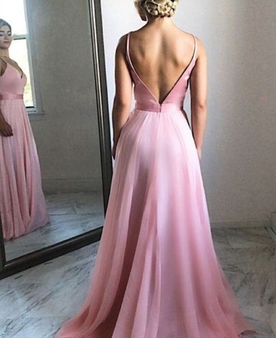 Pink Chiffon V-Neck Spaghetti Strap Backless Long Prom Formal Dresses