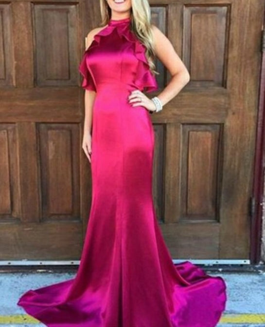 Fuchsia Mermaid Halter Ruffle High Neck Long Prom Dress With Open Back