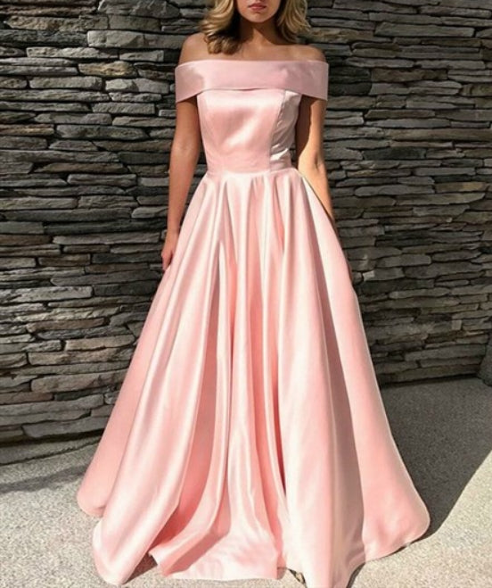 A-Line/Princess Pink Off The Shoulder Mermaid Prom Dress With Pockets