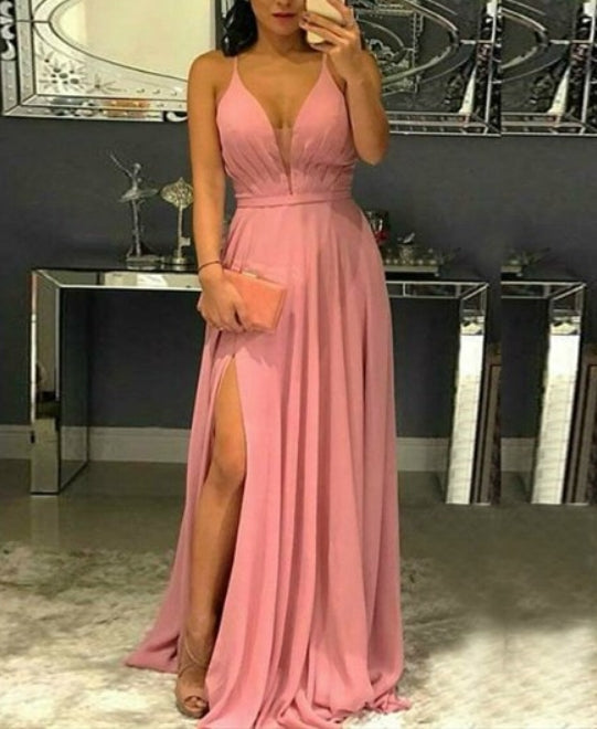 Pink Chiffon Spaghetti Strap Pleated Long Prom Dress With Cut Out Bac