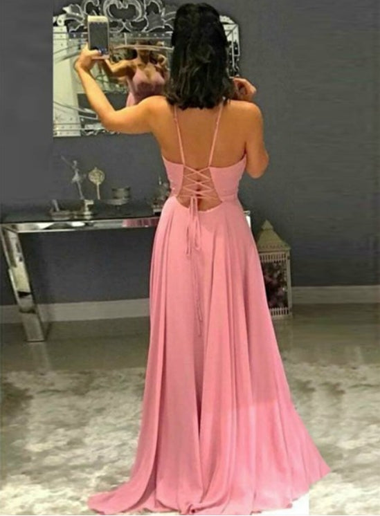Pink Chiffon Spaghetti Strap Pleated Long Prom Dress With Cut Out Bac