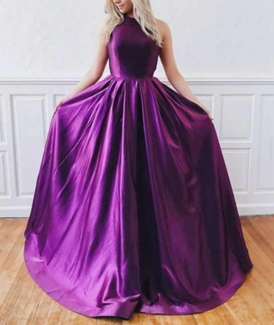Purple Halter Satin Backless Floor Length Prom Dress With Cut Out Back