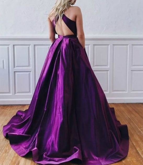 Purple Halter Satin Backless Floor Length Prom Dress With Cut Out Back