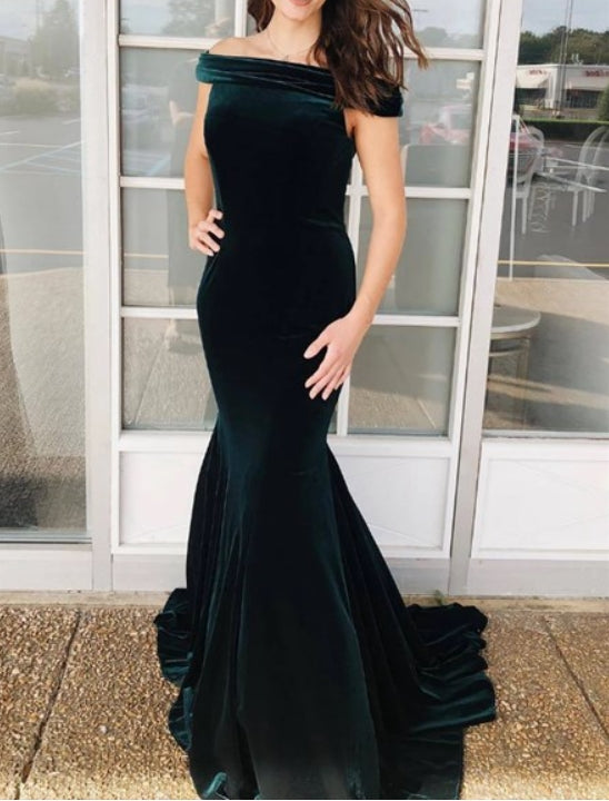 Dark Green Mermaid Off The Shoulder Floor Length Prom Dresses