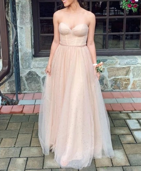 Champagne Strapless Sweetheart Pleated Bodice Tulle Long Prom Dresses