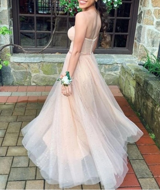 Champagne Strapless Sweetheart Pleated Bodice Tulle Long Prom Dresses
