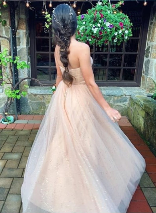 Champagne Strapless Sweetheart Pleated Bodice Tulle Long Prom Dresses