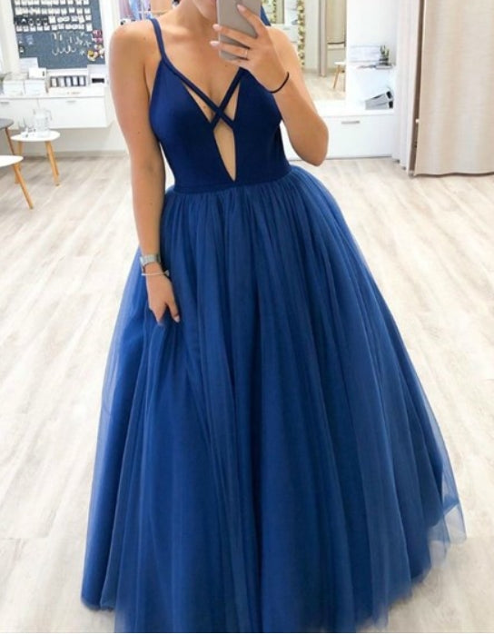 Navy Blue Deep V-Neck Sleeveless Spaghetti Strap Tulle Long Prom Dress