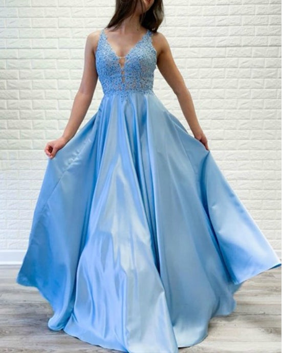 Sky Blue V-Neck Sleeveless Prom Dress With Beaded Lace-Applique Bodice
