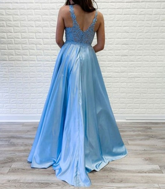 Sky Blue V-Neck Sleeveless Prom Dress With Beaded Lace-Applique Bodice
