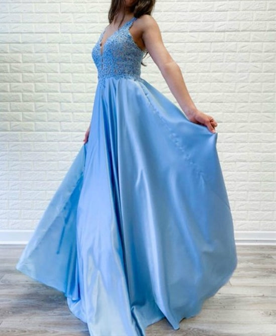 Sky Blue V-Neck Sleeveless Prom Dress With Beaded Lace-Applique Bodice