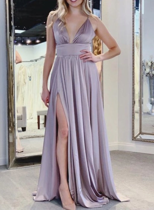 Sky Blue A-Line Deep V-Neck Backless Ruched Prom Dress With Side Split