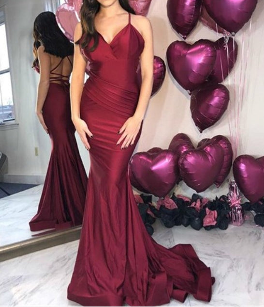 Burgundy V-Neck Mermaid Pleated Long Prom Dress With Criss-Cross Back