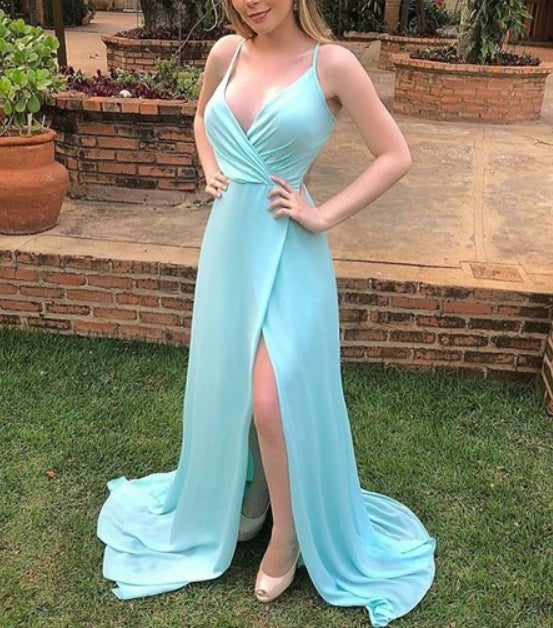 Jade Ruched V Neck Bodice Spaghetti Straps Long Prom Dress With Split