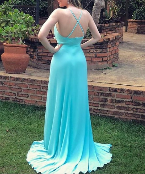 Jade Ruched V Neck Bodice Spaghetti Straps Long Prom Dress With Split