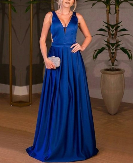 Royal Blue Low V-Neck Sleeveless Backless Prom Dress With Side Cut Out