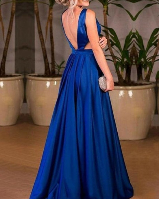 Royal Blue Low V-Neck Sleeveless Backless Prom Dress With Side Cut Out