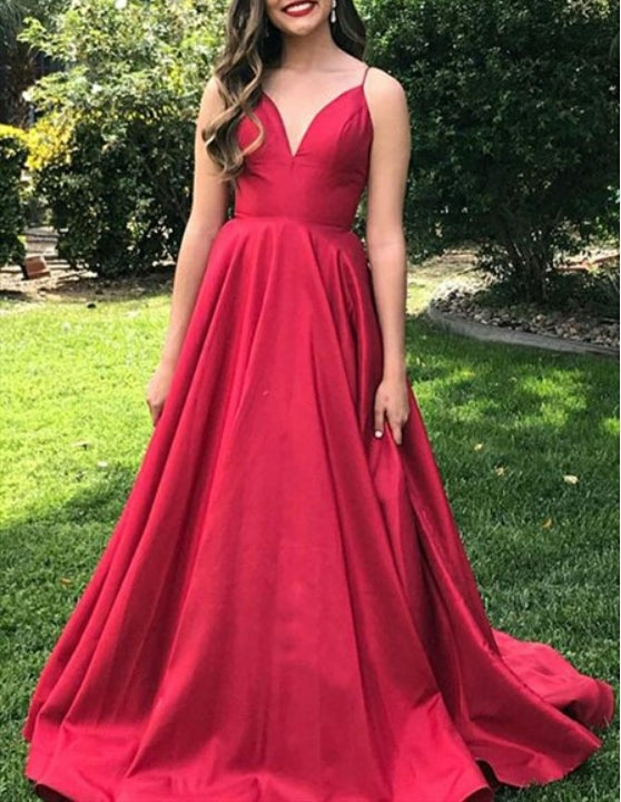 Red A Line V Neck Sleeveless Satin Spaghetti Strap Prom Dress