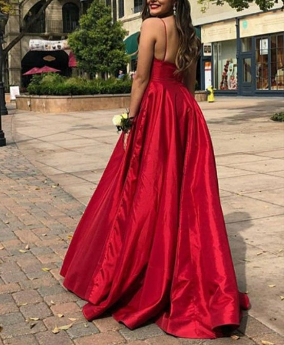 Red A Line V Neck Sleeveless Satin Spaghetti Strap Prom Dress
