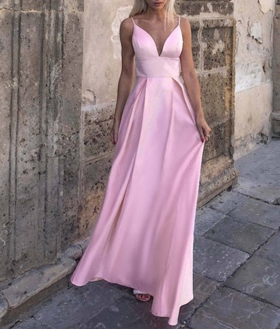 Pink Sleeveless Long Prom Dress With Low V-Neck And Adjustable Straps