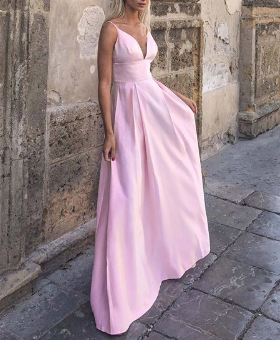 Pink Sleeveless Long Prom Dress With Low V-Neck And Adjustable Straps