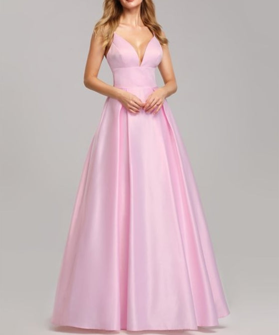 Pink Sleeveless Long Prom Dress With Low V-Neck And Adjustable Straps