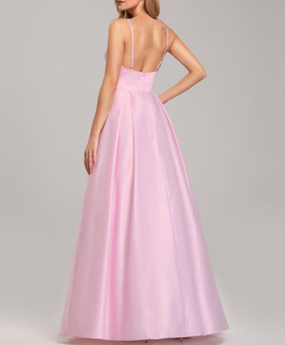 Pink Sleeveless Long Prom Dress With Low V-Neck And Adjustable Straps