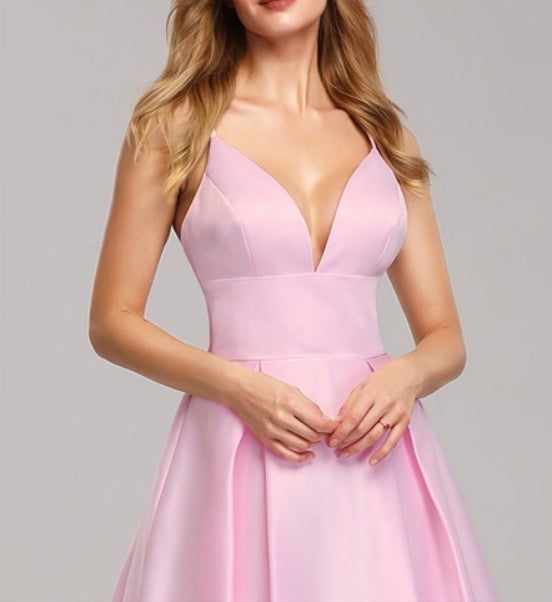 Pink Sleeveless Long Prom Dress With Low V-Neck And Adjustable Straps