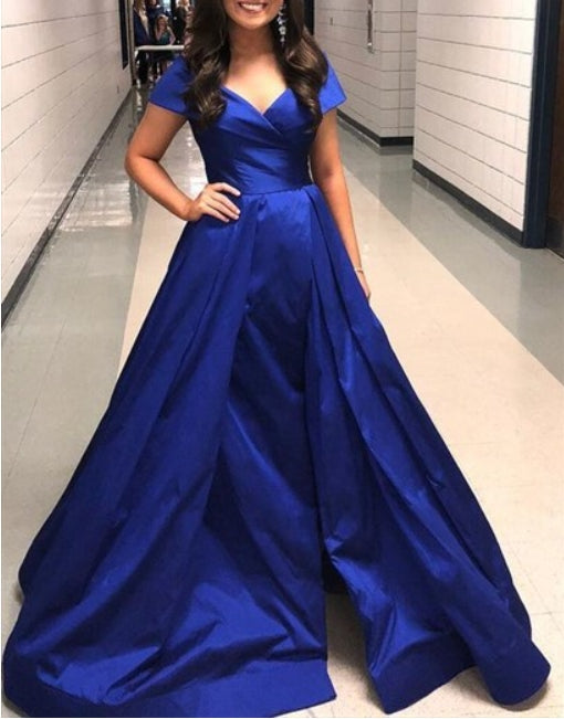 Royal Blue V Neck Off The Shoulder Cap Sleeve Prom Dresses With Split