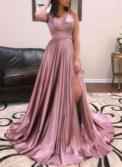 Long Blush Pink A Line High Slits Prom Dress