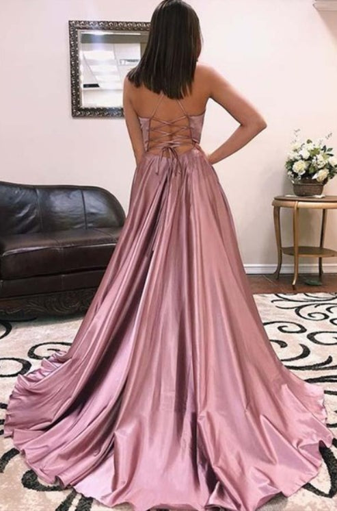 Long Blush Pink A Line High Slits Prom Dress