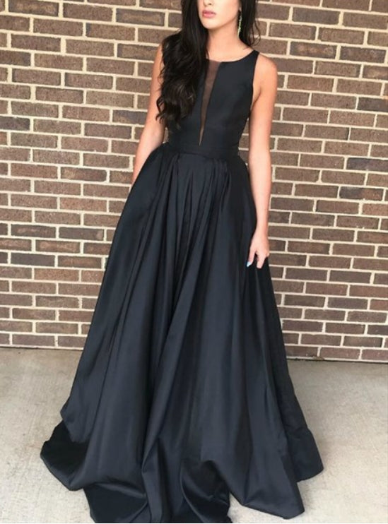 Black Satin Deep Plunge Neckline Sleeveless Prom Dresses With Pocket