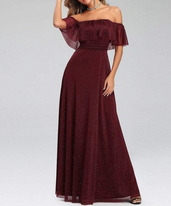 Burgundy A-Line Pleated Off Shoulder Ruffle Top Long Prom Dresses