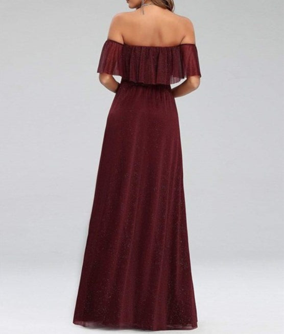 Burgundy A-Line Pleated Off Shoulder Ruffle Top Long Prom Dresses