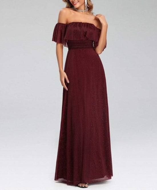 Burgundy A-Line Pleated Off Shoulder Ruffle Top Long Prom Dresses