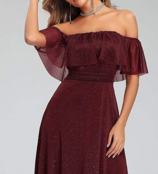 Burgundy A-Line Pleated Off Shoulder Ruffle Top Long Prom Dresses
