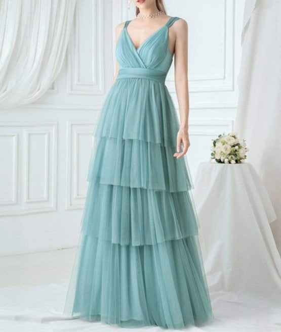 Dusty Blue V Neck Sleeveless Pleated Layered Tulle Prom Dresses