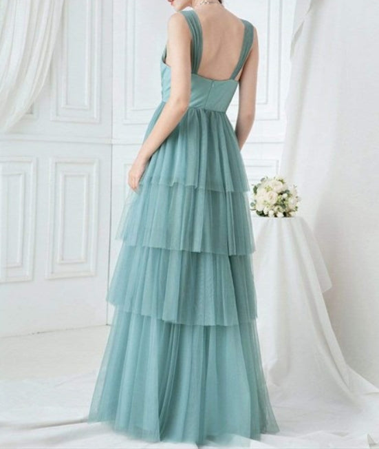Dusty Blue V Neck Sleeveless Pleated Layered Tulle Prom Dresses