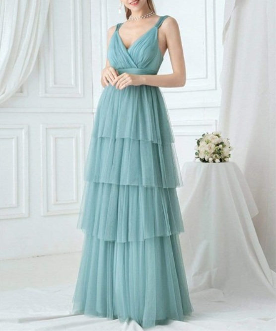 Dusty Blue V Neck Sleeveless Pleated Layered Tulle Prom Dresses