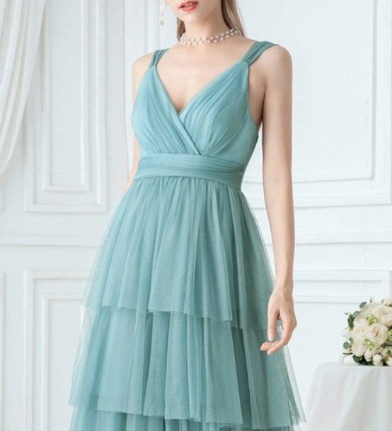 Dusty Blue V Neck Sleeveless Pleated Layered Tulle Prom Dresses