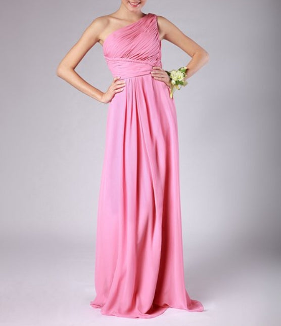 Pink One Shoulder Ruched Bodice Sleeveless Floor Length Prom Dress