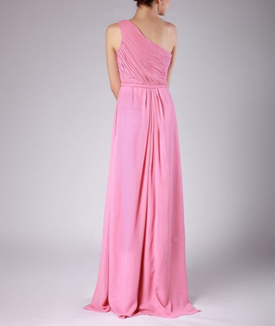 Pink One Shoulder Ruched Bodice Sleeveless Floor Length Prom Dress