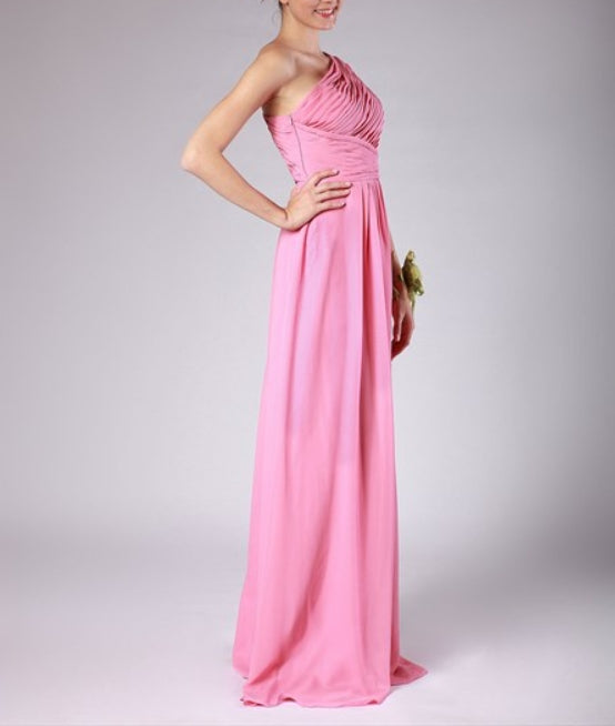 Pink One Shoulder Ruched Bodice Sleeveless Floor Length Prom Dress